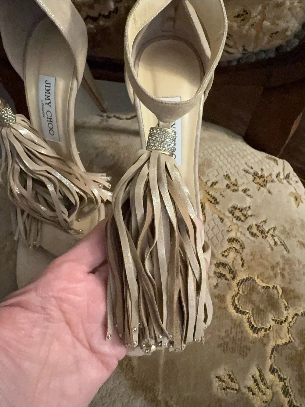 Jimmy Choo Champagne Tassel Heels Size 8.5 Shimmer Evening Shoes